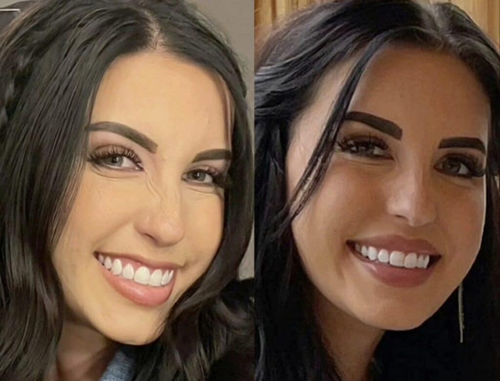Two close-up portraits of a smiling woman with dark hair side by side against a plain indoor background.