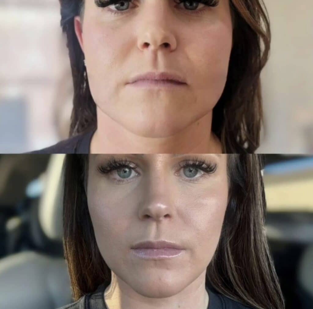 A close-up split image shows the same woman with dark hair and light eyes in two different settings, with a softly blurred indoor background above and a car interior below.