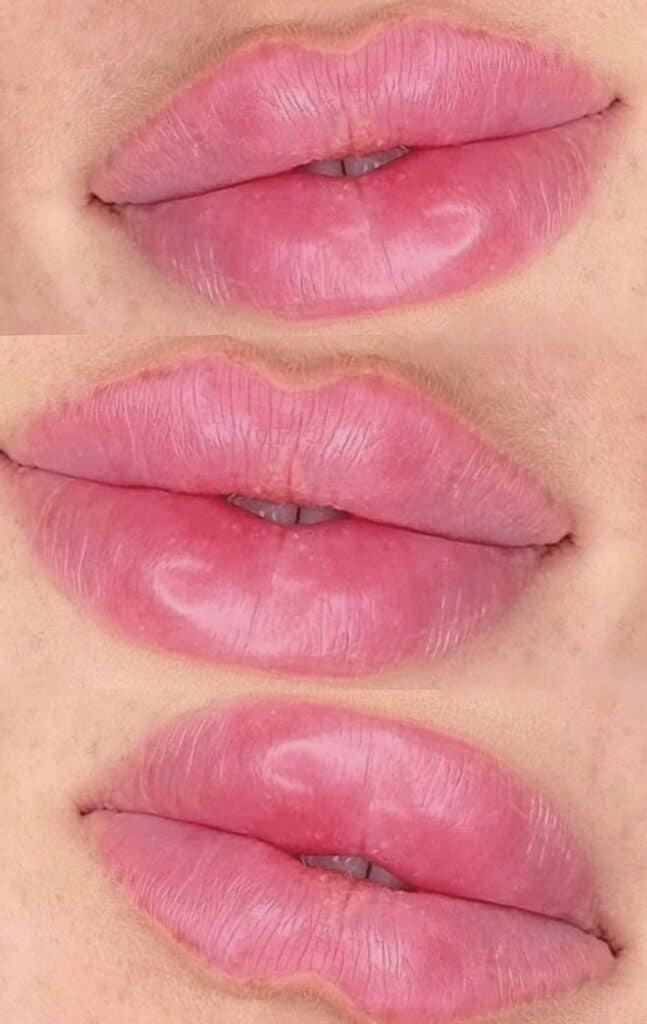 Three close-up views of glossy pink lips on a light skin tone, stacked vertically against a plain background.