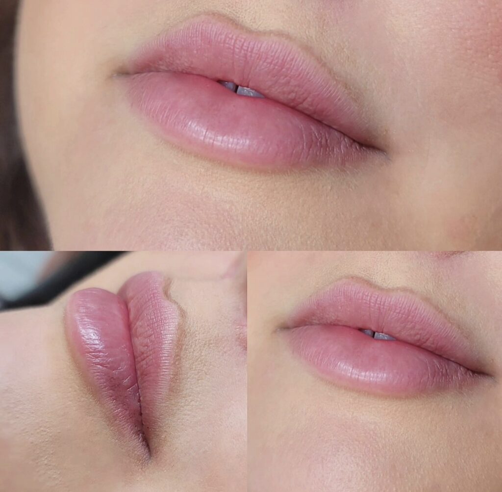 Close-up collage of a person’s lips with glossy pink lipstick, shown from multiple angles against smooth skin.
