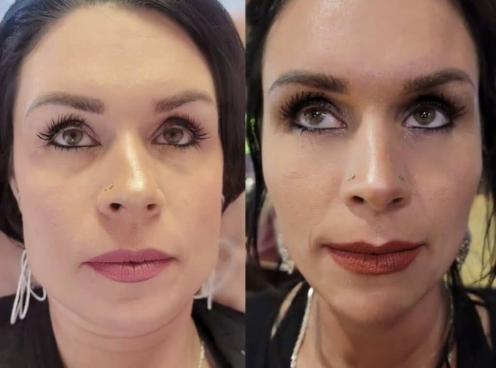 A split-screen close-up shows the same woman wearing makeup and earrings, with a lighter background on the left and a darker background on the right.