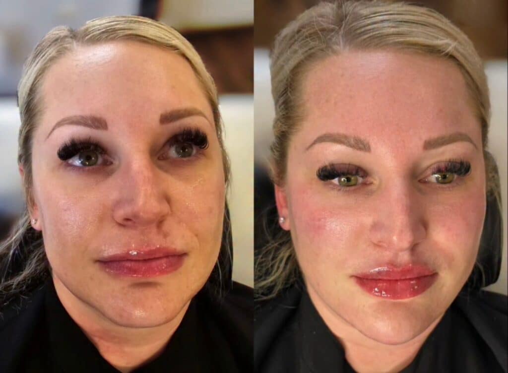 A split-screen close-up of a blonde woman with makeup and glossy lips, shown against a blurred indoor background.