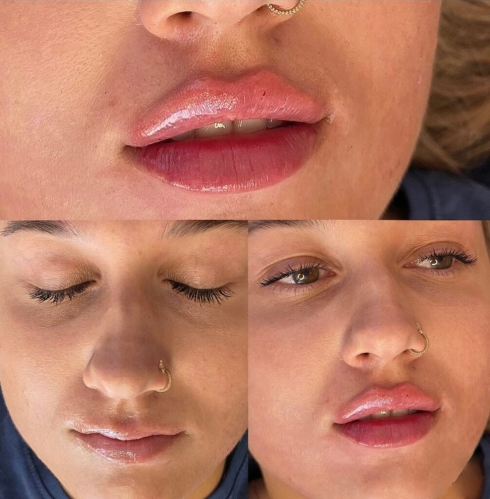 A close-up collage shows a woman’s lips and nose ring, with closed eyes in the lower left image and glossy pink lips in the other two images.