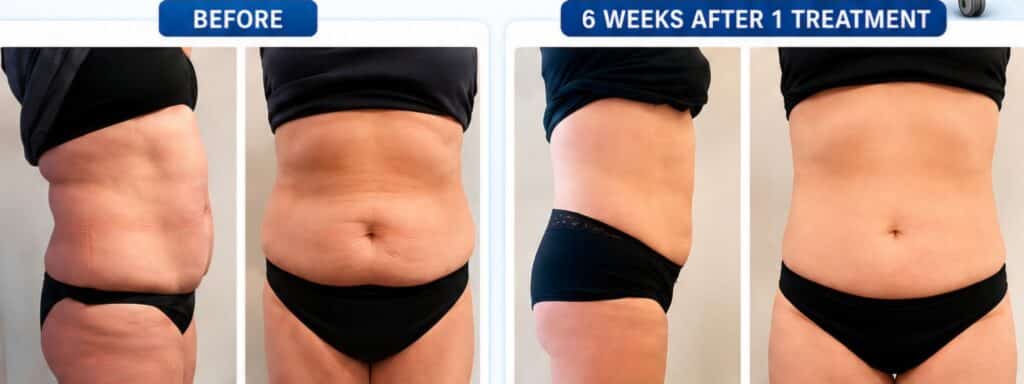 A before-and-after comparison shows a woman’s midsection in black underwear from the side and front, with labels reading “BEFORE” and “6 WEEKS AFTER 1 TREATMENT” above the images.