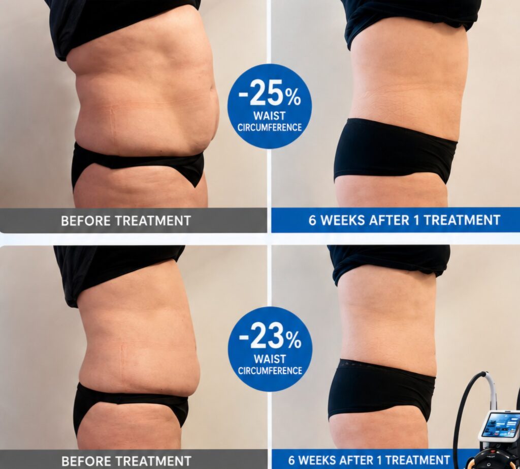 Before-and-after side views of a person’s waist and abdomen, labeled before treatment and 6 weeks after treatment, with blue circles showing 25% and 23% waist circumference reduction.