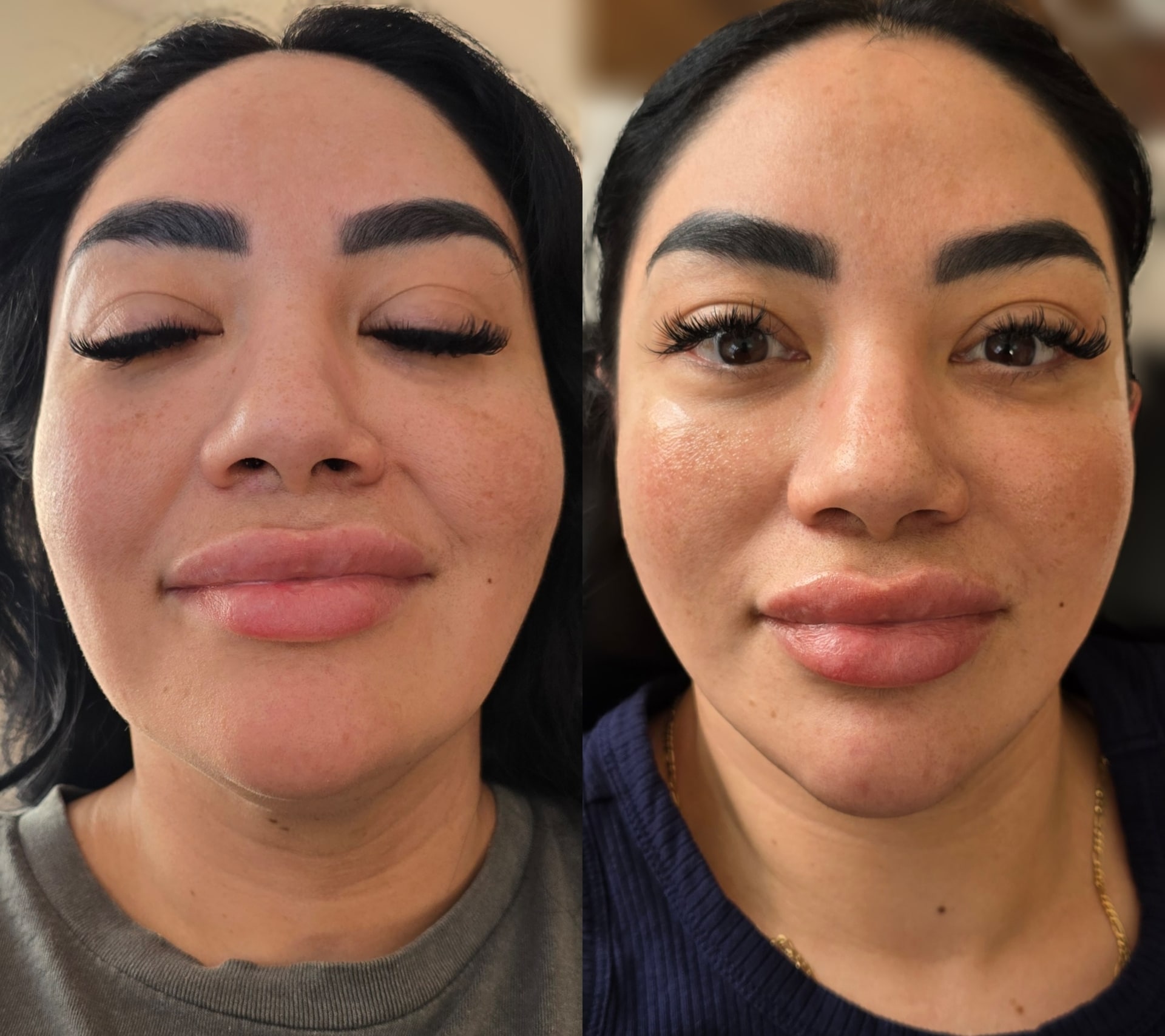Side-by-side close-up portraits of the same woman, with her eyes closed on the left and open on the right, against an indoor background.