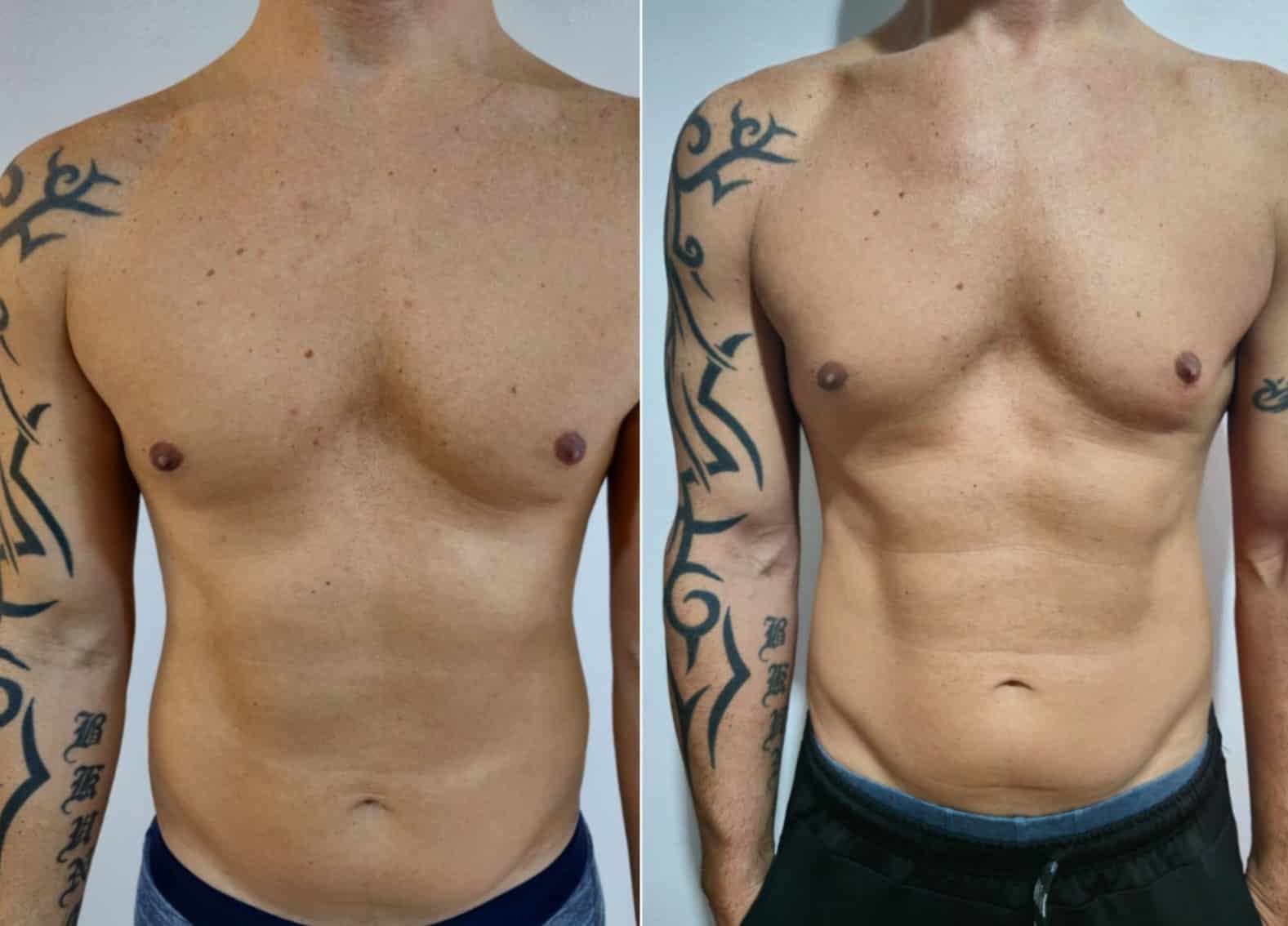 Side-by-side before-and-after images of a tattooed man's torso, with a leaner chest and abdomen shown on the right.