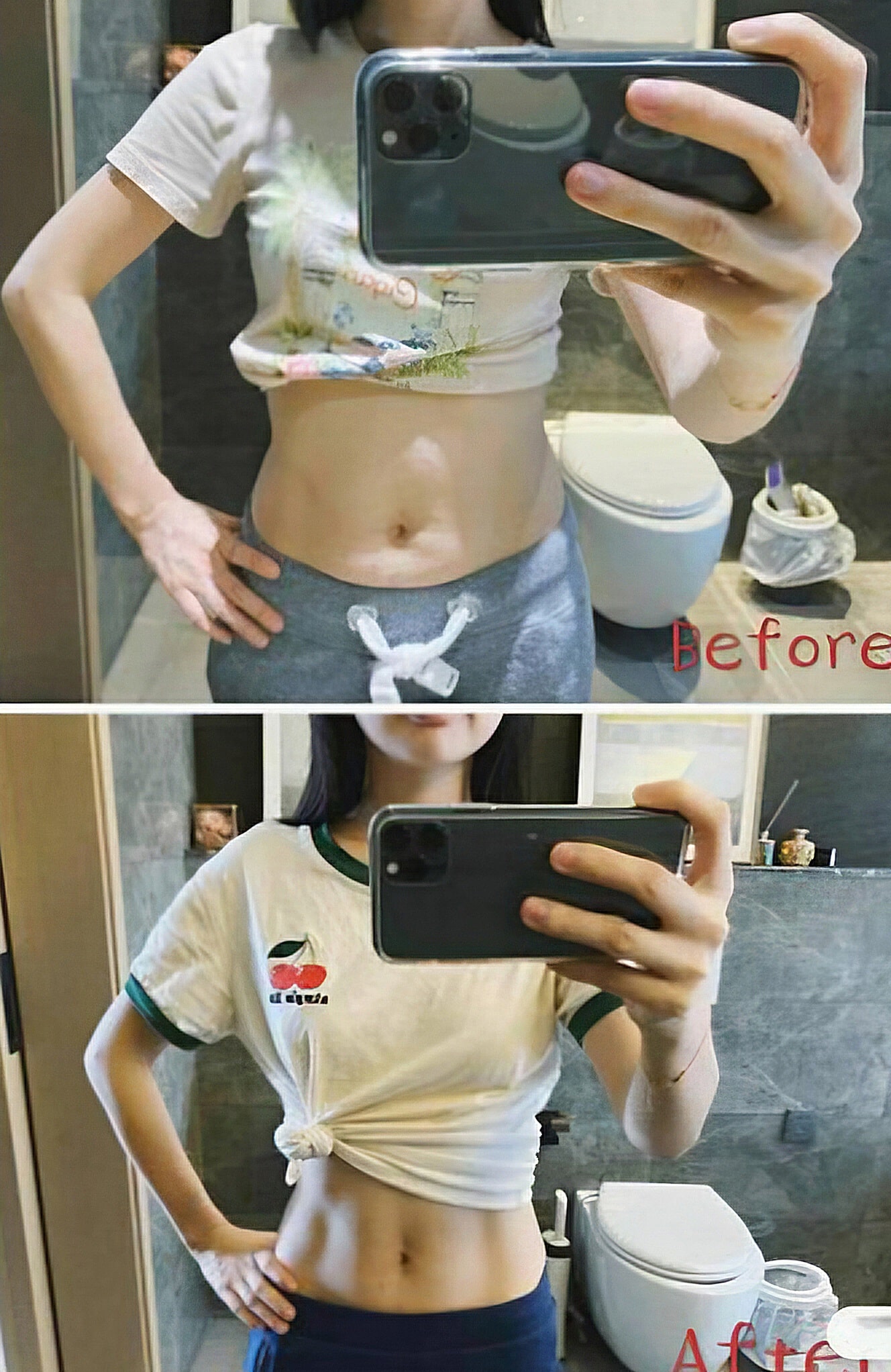 A before-and-after bathroom mirror selfie collage showing a person’s midsection in casual clothing, with a toilet and small stool in the background.