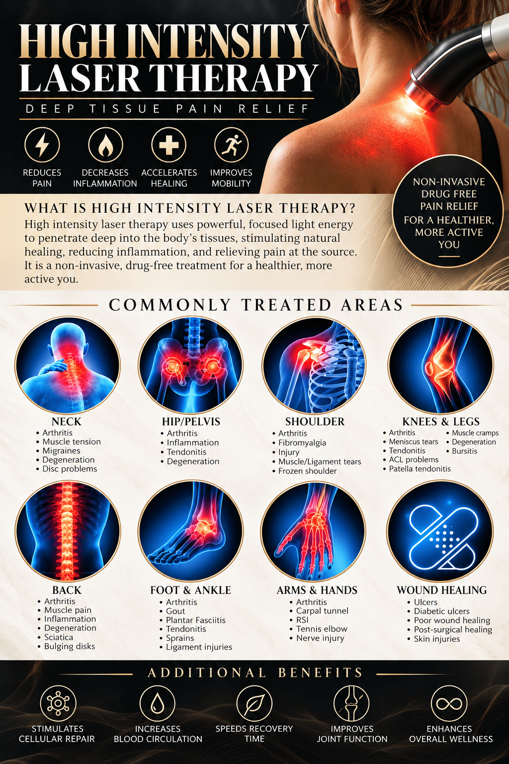 A high-intensity laser therapy poster shows a laser device treating a person’s neck, with circular diagrams of commonly treated areas and benefits listed below.