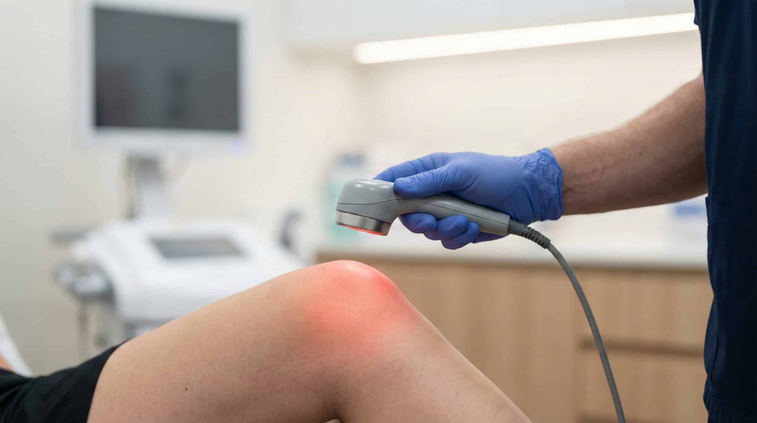 A gloved clinician uses a handheld medical device on a patient's knee in a bright exam room.