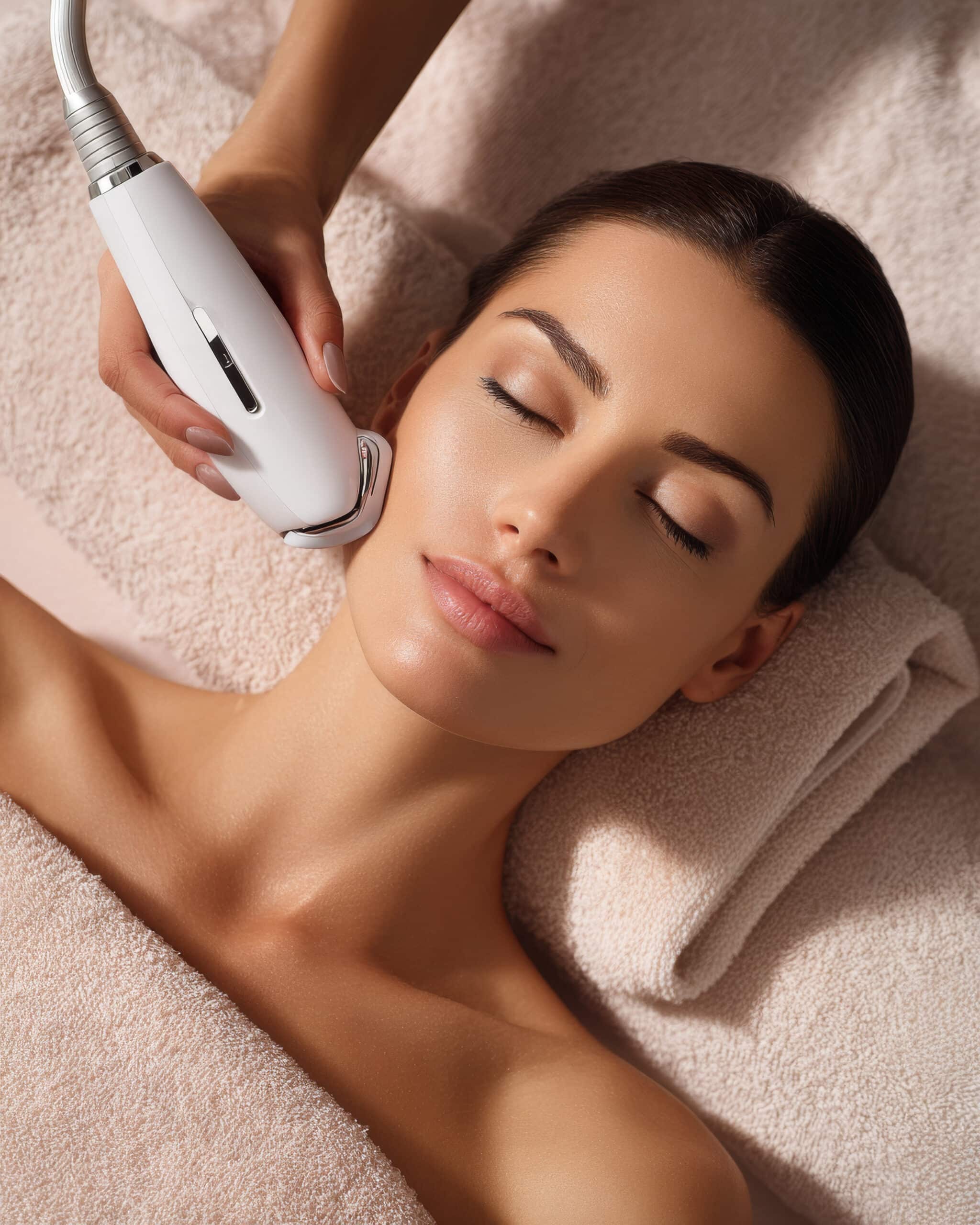 A woman lies on a towel while a handheld skincare device is applied to her cheek, with another rolled towel beside her.